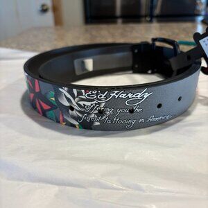 Ed Hardy Black Leather Belt Size 36 Script Logo Graphic Tattoo Style Y2K
